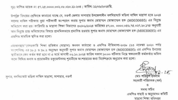 ভুয়া পরীক্ষার্থী কেলেঙ্কারি: বলদিয়াঘাট মাদ্রাসার সুপারের এমপিও স্থগিত