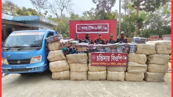 সুলতানপুরে ৬০ বিজিবির অভিযান: প্রায় ২ কোটি টাকার ভারতীয় শাড়ি আটক