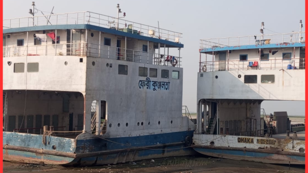 রৌমারী-চিলমারী ফেরি থমকে গেছে, নীরব বালুচরে আটকা